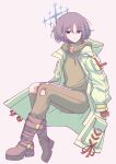  1girl blue_archive generic_33 halo highres hood hoodie jacket looking_at_viewer misaki_(blue_archive) open_clothes open_jacket pants pink_background short_hair simple_background 