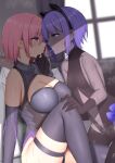  2girls absurdres bare_shoulders black_gloves blush breasts cleavage covered_nipples dark-skinned_female dark_skin elbow_gloves fate/grand_order fate_(series) from_side gloves hassan_of_serenity_(fate) highres kanikou large_breasts mash_kyrielight multiple_girls parted_lips pink_hair purple_eyes purple_gloves purple_hair purple_thighhighs saliva saliva_trail short_hair sitting small_breasts sweat thigh_strap thighhighs thighs yuri 