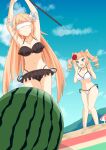  2girls bikini black_bikini blindfold blonde_hair blue_eyes blue_sky breasts brooklyn_(kancolle) cleavage cloud day drill_hair feet_out_of_frame flower food frilled_bikini frills fruit hair_flower hair_ornament honolulu_(kancolle) kantai_collection large_breasts long_hair makinoki multiple_girls official_alternate_costume outdoors side-tie_bikini_bottom sky stick suikawari swimsuit twin_drills twintails watermelon white_bikini 