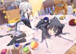  2girls absurdres animal_ear_fluff animal_ears ass bare_shoulders black_coat black_dress black_hair black_panties black_socks blue_archive blue_halo blush china_dress chinese_clothes coat dress embarrassed feet green_eyes grey_hair halo highres indoors kneehighs kokona_(blue_archive) legs long_hair looking_at_viewer lying multicolored_hair multiple_girls no_shoes off_shoulder on_side on_stomach open_mouth panties pantyshot pelvic_curtain pleated_skirt red_eyes short_sleeves shun_(blue_archive) shun_(small)_(blue_archive) side_slit skirt sleeveless sleeveless_dress socks streaked_hair striped striped_coat striped_dress thighs tiger_ears tiger_girl twintails underwear vertical-striped_coat vertical-striped_dress vertical_stripes very_long_hair white_skirt yamada_auto 