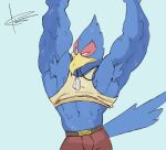  abs anthro armpit_hair avian beak biceps bird blue_body body_hair bottomwear clothed clothing clothing_lift crimenes falco_lombardi falcon falconid male mammal muscular muscular_anthro muscular_male nintendo pants pecs raised_arm shirt shirt_lift solo star_fox tank_top topwear yellow_beak 