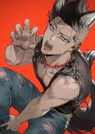  1boy absurdres animal_collar animal_ears barou_shouei black_hair black_vest blue_lock bomber_tarou collar denim fingernails highres jeans large_pectorals male_focus muscular muscular_male open_mouth pants pectorals red_background red_eyes saliva sharp_fingernails short_hair simple_background sitting solo tail torn_clothes torn_jeans torn_pants vest wolf_boy wolf_ears wolf_tail 