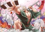  1boy abs bara birthday boar cherry_blossoms cigar facial_hair falling_petals feet_out_of_frame foreshortening goatee green_kimono hand_up holding holding_weapon japanese_clothes kimono kokorozashi large_pectorals long_sideburns male_focus mature_male muscular muscular_male one_piece pectoral_cleavage pectorals petals short_hair sideburns smoke smoker_(one_piece) smoking solo stomach stubble weapon 