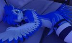  3d_(artwork) 4_ears 5:3 animal_genitalia anthro avali bed bed_sheet bedding biped blue_blush blue_body blue_claws blue_ears blue_eyes blue_feathers blue_hair blue_pawpads blue_penis blue_sclera blue_tail blue_wings blush claws clothing detailed_background digital_media_(artwork) erection feather_markings feathers forked_tongue furniture genitals glistening glistening_eyes hair hi_res jukkavali kyrie_(jukkavali) legwear lying male markings mouth_closed multi_ear multicolored_body multicolored_ears multicolored_feathers on_side one_eye_closed pawpads penis pillow solo striped_markings striped_tail stripes tail tail_markings tapering_penis thigh_highs tongue tongue_out two_tone_body two_tone_ears two_tone_feathers two_tone_tail two_tone_wings white_body white_ears white_feathers white_pillow white_tail white_wings winged_arms wings wink 