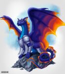  absurd_res armor blue bluescales buckovskiart dragon feral flow full-length_portrait hi_res male male/male orange_tail portrait purple purple_body purple_scales rock scales scalie solo spread_wings tail wings 