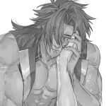  1boy abs bara bhima_(fate) dark-skinned_male dark_skin fate/grand_order fate_(series) greyscale guided_head_grab guiding_hand hair_over_one_eye long_hair looking_at_viewer male_focus monochrome muscular muscular_male pectoral_cleavage pectorals pov pov_hands solo_focus tears thick_eyebrows uatwf681 upper_body vest 