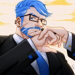 1boy bara beard black-framed_eyewear black_suit blue_eyes blue_hair blue_necktie daji_takaishi_(takai_43) ear_piercing eyebrow_cut facial_hair formal glasses hand_on_hand highres jewelry looking_at_viewer male_focus mature_male multiple_rings mustache necktie original own_hands_together piercing ring scar scar_on_cheek scar_on_face short_hair smile solo suit thick_eyebrows upper_body 