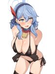  1girl absurdres ako_(blue_archive) arms_under_breasts bell bikini black_gloves black_thighhighs blue_archive blue_bikini blue_eyes blue_hair blue_hairband blush breasts contrapposto cowbell crossed_arms earrings elbow_gloves gloves hairband halo highres jewelry large_breasts micro_bikini navel neck_bell open_mouth seihekiog side-tie_bikini_bottom simple_background skindentation solo stomach stud_earrings swimsuit thighhighs white_background 
