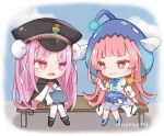  2girls blue_bow blue_bowtie blunt_bangs bow bowtie capelet chibi coat double_bun fish_hat hair_bun hat heaven_burns_red highres kunimi_tama military_hat multiple_girls pink_hair red_eyes skirt thighhighs white_coat white_thighhighs 