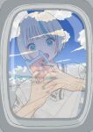  1girl absurdres airplane_interior airplane_wing aqua_eyes aqua_hair aqua_nails blush cloud cloudy_sky glass highres holding holding_phone looking_at_viewer mashiro_ka multicolored_hair nail_polish open_mouth original phone reflection rounded_corners selfie short_hair sky solo streaked_hair sweater_vest white_sweater_vest window 