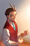  &gt;:) 1boy ace_attorney antenna_hair apollo_justice aqua_necktie bracelet brown_eyes brown_hair buttons clenched_hands closed_mouth collared_shirt forked_eyebrows gradient_background hands_up hi-fi_(fijazzy) highres jewelry lapel_pin lapels looking_at_viewer male_focus necktie pocket red_vest shirt short_hair sleeves_rolled_up smile solo upper_body v-shaped_eyebrows vest white_shirt 