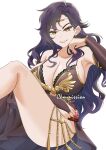  1girl absurdres armpits black_dress black_hair breasts bridal_gauntlets circlet cleavage detached_sleeves dress earrings feet_out_of_frame fire_emblem fire_emblem:_the_blazing_blade fire_emblem_heroes genm7 gold_trim grin halterneck head_rest highres jewelry lipstick long_hair makeup sitting smile solo sonia_(fire_emblem) teeth v-shaped_eyebrows yellow_eyes 