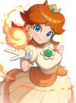  1girl absurdres blue_eyes breasts brown_hair crown dress earrings fire fire_daisy fireball flower_brooch flower_earrings gloves gonzarez highres jewelry large_breasts looking_at_viewer mario_(series) medium_breasts medium_hair orange_dress orange_hair princess_daisy puffy_short_sleeves puffy_sleeves short_sleeves simple_background solo white_background white_gloves 
