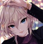  1girl anastasia_(idolmaster) arm_up black_jacket blue_eyes blurry blurry_background bracelet cityscape close-up closed_mouth earrings grey_hair hair_between_eyes highres idolmaster idolmaster_cinderella_girls idolmaster_cinderella_girls_starlight_stage jacket jewelry long_sleeves looking_at_viewer pink_nails popon_ta purple_sweater short_hair smile solo sweater 