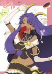  1girl 1other alternate_costume animal_ears arm_up arrow_(symbol) aruti belt closed_eyes commentary dark_skin earrings fate/grand_order fate_(series) flying_sweatdrops gloves hat hoop_earrings idol jewelry long_hair loose_clothes loose_shirt medjed_(fate) midriff navel necktie nitocris_(fate) nitocris_(lostroom_outfit)_(fate) official_alternate_costume open_mouth purple_hair red_necktie shirt simple_background translation_request white_gloves 