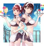  2girls :d apron aqua_eyes ass ass-to-ass back-to-back bikini black_bow black_hair black_skirt bow braid breasts cleavage cloud cocktail_glass contrail cup detached_collar detached_sleeves drinking_glass e_(eokiba) food fruit hair_bow hand_on_own_hip highres holding holding_tray hurricane_glass locked_arms maid_bikini maid_headdress medium_breasts multiple_girls navel open_mouth original puffy_detached_sleeves puffy_sleeves railing red_eyes red_hair short_hair skirt sky small_breasts smile swimsuit tray tropical_drink twintails waist_apron 