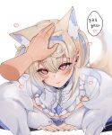  1girl absurdres animal_ear_fluff animal_ears belt_collar black_collar black_jacket blonde_hair blue_hair blue_nails blush breasts cleavage cleavage_cutout clothing_cutout collar dog_ears dog_girl dog_tail dress fur-trimmed_jacket fur_trim fuwawa_abyssgard headpat heart heart-shaped_pupils highres hololive hololive_english jacket keisea large_breasts long_hair looking_at_viewer multicolored_hair nail_polish pink_eyes sidelocks smile solo spiked_collar spikes streaked_hair symbol-shaped_pupils tail two_side_up virtual_youtuber white_background white_dress 