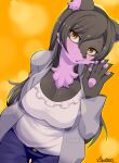  absurd_res anthro arumo big_breasts black_hair bottomwear breasts brown_eyes canid cleavage clothed clothing denim denim_clothing exy hair hi_res jeans long_hair looking_at_viewer mammal pants shirt topwear vtuber white_clothing white_shirt white_topwear 