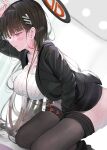  1girl between_legs black_hair black_suit blue_archive blunt_bangs blush bright_pupils clothes_pull commentary female_masturbation fingering hair_ornament hairclip halo hand_between_legs highres id_card kneeling long_hair masturbation pantyhose pantyhose_pull pjkka red_eyes ribbed_sweater rio_(blue_archive) solo suit sweater turtleneck turtleneck_sweater white_sweater 