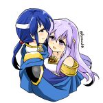  1boy 1girl blue_cape blue_eyes blue_hair brother_and_sister cape circlet dress fire_emblem fire_emblem:_genealogy_of_the_holy_war headband hug implied_incest julia_(fire_emblem) looking_at_another open_mouth ponytail purple_eyes purple_hair seliph_(fire_emblem) siblings simple_background smile white_headband yukia_(firstaid0) 