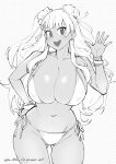  1girl ass_visible_through_thighs asymmetrical_hair bangle bikini blunt_bangs bracelet breasts cleavage collarbone commentary curvy dark-skinned_female dark_skin earrings english_commentary galko ge-b greyscale gyaru hair_bun hair_ornament hair_scrunchie hand_on_own_hip highres huge_breasts jewelry long_hair looking_at_viewer messy_hair monochrome multiple_rings navel one_side_up oshiete!_galko-chan pawoo_username ring scrunchie side-tie_bikini_bottom single_side_bun smile solo spaghetti_strap standing string_bikini stud_earrings swimsuit teeth thigh_gap upper_teeth_only very_long_hair waving 