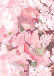  1girl bow branch cherry_blossoms dango food frills from_above hair_ornament half-closed_eyes highres holding holding_food in_tree japanese_clothes kimono long_hair long_sleeves original pink_eyes pink_hair pink_kimono red_eyes ribbon sanshoku_dango single_thighhigh sitting solo thighhighs tree twintails wagashi yachishi_orca zouri 