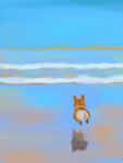  animal beach commentary dog english_commentary floating highres no_humans original pastensofdraw reflection running sky waves welsh_corgi 