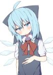  1girl ahoge blue_bow blue_dress blue_eyes blue_hair blush bow bowtie cirno collared_shirt commentary_request detached_wings dot_nose dress expressionless fairy_wings hair_bow hand_on_own_stomach highres ice ice_wings kae_karee looking_at_viewer medium_hair pinafore_dress red_bow red_bowtie shirt simple_background sleeveless sleeveless_dress solo sweatdrop touhou white_background white_shirt wings 