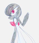  1girl ame_(pixiv_94535533) arm_at_side bob_cut colored_skin commentary flat_chest from_side gardevoir grey_background greyscale hair_over_one_eye hand_up highres looking_at_viewer monochrome multicolored_skin one_eye_covered open_mouth pokemon pokemon_(creature) red_eyes short_hair simple_background sketch solo spot_color standing two-tone_skin 