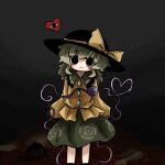  1girl 2others black_background black_eyes black_footwear black_headwear blouse blush boots bow buttons closed_mouth corpse diamond_button eyeball floral_print frilled_shirt_collar frilled_sleeves frills green_skirt hat hat_bow hat_ribbon heart heart_of_string heripantomorrow horror_(theme) komeiji_koishi light_green_hair long_sleeves looking_at_viewer medium_hair multiple_others ribbon rose_print shirt skirt smile solo_focus standing third_eye touhou wavy_hair wide_sleeves yellow_bow yellow_ribbon yellow_shirt 
