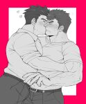  2boys bara closed_eyes facial_hair feet_out_of_frame from_side goatee goatee_stubble greyscale_with_colored_background hug inset_border jewelry kiss large_pectorals long_sideburns loving_aura male_focus multiple_boys muscular muscular_male nervous_sweating oskn_tengoku outside_border pectoral_docking pectoral_press pectorals profile protagonist_3_(housamo) red_background ring short_hair shy sideburns sparse_chest_hair surprise_kiss surprised sweat takabushi_kengo thick_eyebrows tokyo_afterschool_summoners two-tone_background v-shaped_eyebrows yaoi 