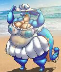  &lt;3 2_toes anthro beach belly big_breasts blue_body blue_eyes blue_nipples blush breasts clothed clothing dragon dress eyelashes feathered_wings feathers feet female generation_6_pokemon goo_creature goodra hat headgear headwear hi_res high-angle_view holding_clothing holding_hat holding_headgear holding_headwear holding_object navel nintendo nipples overweight overweight_female pokemon pokemon_(species) ring sea seaside sky solo star summer summer_dress summer_hat thick_thighs toes translucent translucent_clothing water wet wet_clothing white_clothing white_dress wings z_dragon 