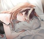  1girl alternate_costume animal_ears bare_shoulders black_tank_top blush brown_hair closed_eyes commentary_request earring_removed earrings highres horse_ears horse_girl jewelry long_hair multicolored_hair nape narusawa_(njzc2582) object_hug parted_lips pillow pillow_hug single_earring sleeping solo strap_slip streaked_hair symboli_rudolf_(umamusume) tank_top umamusume upper_body white_hair 