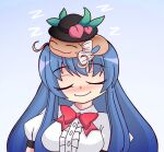  1girl animal_on_head black_headwear blue_background blue_hair bow bowtie breasts catfish closed_eyes closed_mouth commentary commission english_commentary facing_viewer fish gradient_background hinanawi_tenshi long_hair namazu on_head red_bow red_bowtie ruihill short_sleeves sleeping smile touhou upper_body zzz 
