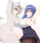  2girls absurdres animal_ears armpits blue_hair blush bodysuit braid breasts breasts_squeezed_together girls&#039;_frontline green_eyes grey_eyes grey_hair hairband high-waist_skirt highres ksvk_(girls&#039;_frontline) large_breasts long_hair looking_at_viewer multiple_girls pantyhose physisyoon sideboob single_braid skin_tight skirt sweat sweatdrop tail 