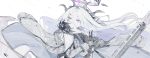  1girl ahoge black_coat black_gloves black_horns blue_archive coat coat_on_shoulders demon_horns ggymj gloves halo highres hina_(blue_archive) horns long_hair long_sleeves multiple_horns parted_bangs purple_eyes simple_background solo upper_body very_long_hair white_background white_hair 