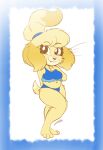  4_toes animal_crossing anthro barefoot belly big_eyes bikini blonde_hair blue_bikini blue_border blue_clothing blue_swimwear border breasts calf_tuft canid canine canis cheek_tuft clothing cute_eyes cute_fangs domestic_dog eyelashes facial_tuft feet female fluffy fur hair hand_behind_back hi_res hindpaw hip_tuft isabelle_(animal_crossing) looking_at_viewer mammal midriff navel nintendo paws scottytheman shih_tzu signature simple_background smile smiling_at_viewer snaggle_tooth solo swimwear thick_eyelashes toes toy_dog tuft whiskers white_background yellow_body yellow_fur 