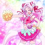  1girl ;d back_bow bow clothing_cutout clover_earrings commentary cone_hair_bun cure_yell dress earrings flower hair_bun hair_flower hair_ornament hair_ribbon hand_on_own_hip heart heart_hair_ornament heart_pouch holding holding_pom_poms hugtto!_precure jewelry long_hair looking_at_viewer magical_girl midriff multicolored_background navel navel_cutout nono_hana one_eye_closed open_mouth pink_dress pink_eyes pink_hair pleated_dress pom_pom_(cheerleading) pouch precure red_lips red_ribbon ribbon see-through see-through_sleeves short_dress shoulder_cutout smile solo sparkle standing thick_eyelashes thighhighs tiara white_bow white_thighhighs zerolay 