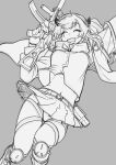  1girl closed_eyes feet_out_of_frame fingerless_gloves girls&#039;_frontline gloves grey_background greyscale gun h&amp;k_ump highres holding holding_gun holding_weapon jacket knee_pads monochrome nakiusagi navel open_mouth pleated_skirt scar scar_across_eye simple_background sketch skirt smile solo submachine_gun thigh_strap twintails ump9_(girls&#039;_frontline) weapon 