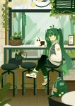  1girl backpack bag bag_removed black_pantyhose blush brown_eyes cafe cat commentary cowlick crossed_legs cup green_eyes green_hair green_jacket green_skirt hatsune_miku highres indoors jacket letterman_jacket long_hair looking_at_viewer megurine_luka nike nike_air_force_1 pantyhose parted_lips plant pleated_skirt potted_plant projecttiger shoes sitting skirt smile sneakers solo stool symbol-only_commentary takoluka tree twintails very_long_hair vocaloid 