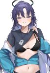  1girl absurdres black_bra black_shirt blue_archive blue_eyes blue_hair blue_jacket blush bra breasts clothes_lift commentary grin halo highres hoangryu id_card jacket jacket_partially_removed lifted_by_self long_hair looking_at_viewer mechanical_halo medium_breasts navel off_shoulder official_alternate_costume ponytail shirt shirt_lift short_sleeves simple_background smile solo star_sticker t-shirt underwear upper_body very_long_hair white_background yuuka_(blue_archive) yuuka_(track)_(blue_archive) 