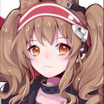  1girl angelina_(arknights) animal_ear_fluff animal_ears arknights brown_hair collarbone fox_ears fox_girl frown hairband light_particles looking_at_viewer orange_eyes portrait red_hairband solo striped striped_hairband twintails varinr wavy_hair 