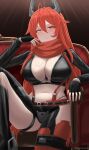  1girl archstreal black_gloves blush breasts chair cleavage commentary english_commentary fingerless_gloves gloves goddess_of_victory:_nikke hair_between_eyes highres large_breasts long_hair long_sleeves looking_at_viewer navel parted_lips red_eyes red_hair red_hood_(nikke) sitting smile stomach teeth thighs 