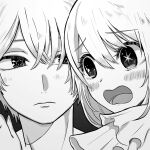  1boy 1girl absurdres blush brother_and_sister closed_mouth commentary_request greyscale highres hoshino_aquamarine hoshino_ruby mismatched_pupils monochrome onakapecopecopeco open_mouth oshi_no_ko siblings star-shaped_pupils star_(symbol) symbol-shaped_pupils 