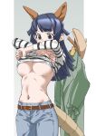  1girl absurdres alternate_costume armadillo_ears armadillo_tail belt beret blue_eyes blue_hair blunt_bangs blunt_ends breasts casual clothes_hanger clothes_lift coat commentary cowboy_shot denim extra_ears giant_armadillo_(kemono_friends) green_coat grey_background hat highres jeans kemono_friends large_breasts lifted_by_self long_hair long_sleeves navel no_bra pants shirt shirt_lift simple_background solo stomach striped striped_shirt tail tanabe_(fueisei) undressing 