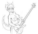  3_horns 5_fingers anthro bass_guitar bedroom big_breasts bone_frill bottomwear breasts cleavage clothed clothing dinosaur facial_horn female fingers freckled_breasts freckles freckles_on_breasts frill_(anatomy) goodbye_volcano_high guitar hair holding_bass holding_guitar horn kinky_hair long_tail looking_at_viewer monochrome multi_horn musical_instrument narrowed_eyes navel nose_horn ornithischian pants pasties plucked_string_instrument reptile rickenbacker_(company) scalie simple_background snoot_game snout solo spiked_frill spikes spikes_(anatomy) stegosaurian stegosaurus string_instrument tail thyreophoran topless topless_anthro topless_female trish_(gvh) unknown_artist 
