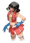  1girl black_hair collared_shirt hair_behind_ear hair_bun hand_on_own_hip highres kotobukiya_bishoujo midriff navel necktie open_mouth red_eyes red_skirt red_vest sahara_peniyo shirt single_hair_bun skindentation skirt sleeveless sleeveless_shirt smile solo starscream starscream_(kotobukiya_bishoujo) thigh_strap thighhighs transformers vest white_background white_shirt white_thighhighs yellow_necktie 