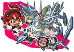  2boys 4girls afro_puffs ahoge aqua_eyes asticassia_school_uniform bangs beam_rifle bit_(gundam) black_hairband blue_eyes blue_hair brown_hair chibi chuatury_panlunch colored_inner_hair commentary_request dark_blue_hair earrings elan_ceres energy_gun frown funnels_(gundam) green_eyes grey_eyes grey_hair guel_jeturk gun gundam gundam_aerial gundam_suisei_no_majo hairband highres holding holding_gun holding_weapon holding_wrench jewelry long_hair mecha miorine_rembran mobile_suit multicolored_hair multiple_boys multiple_girls nika_nanaura oversized_object pink_hair red_hair redesign robot school_uniform sd_gundam short_hair smile suletta_mercury taiga_hiroyuki thrusters two-tone_hair v-fin weapon white_hair wrench 