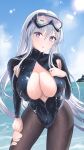  1girl absurdres armpit_cutout asayoru azur_lane black_pantyhose black_wetsuit blue_sky blush bodysuit breasts clothing_cutout diving_suit enterprise_(azur_lane) enterprise_(diving_under_blue_skies)_(azur_lane) goggles goggles_on_head grey_hair highres large_breasts long_hair looking_at_viewer ocean official_alternate_costume pantyhose purple_eyes skin_tight sky solo swim_goggles swimsuit torn_clothes torn_pantyhose very_long_hair wetsuit 