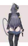  1girl absurdres animal_ears arknights ass black_panties black_pants black_shirt blue_hair cat_ears cat_girl cat_tail character_name clothes_pull from_behind green_eyes gun handgun headset highres holding holding_gun holding_weapon implied_extra_ears jessica_(arknights) jessica_the_liberated_(arknights) long_hair looking_at_viewer looking_back official_alternate_costume panties pants pants_pull rangertle shirt sidelocks solo tail underwear very_long_hair weapon 